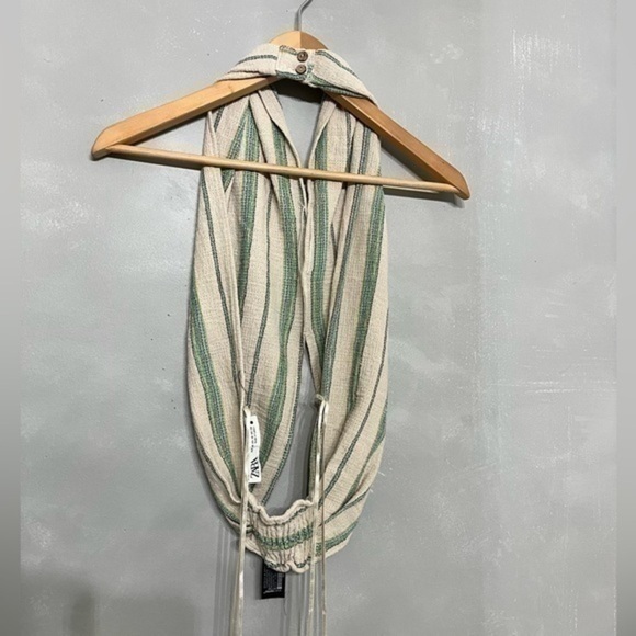 ๐ด ZARA | NWOT The Beth top rustic  crop top striped green cream - size X Small - Picture 6 of 11